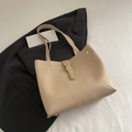 Elegant beige tote bag in premium faux leather with gold oval buckle and shoulder straps - Khaki