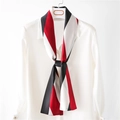 Elegant burgundy color-block silk scarf styled on white shirt for a professional look - Wine Red Black White Color Block Stripe (PD-015)