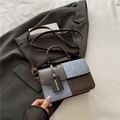 Chic two-tone contrast small square bag in brown leather and grey denim with top handle - Brown