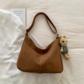 Caramel brown vintage tote bag in matte suede finish with a cute plush bear charm - Brown with Pendant