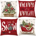 Set van 4 kerstkussenhoezen met feestelijke prints en Merry and Bright teksten - Gemengde 4-delige (Combinatiestijl)