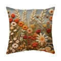Square bohemian pillow case with detailed floral embroidery of daisies and wheat on light blue - Wildflower Daisy Pattern (CR040-1)