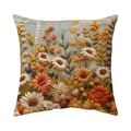 Bohemian floral embroidered cushion cover featuring 3D daisy patterns on a blue background - Blooming Foliage Pattern (CR040-3)