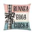 Easter decorative polyester pillowcase featuring Bunny Eggs Chicks text on tri-color background - Tri-color Stripes Bow BUNNES EGGS Style (JYM411-3)