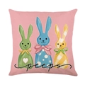 Easter rabbit pillow cover with colorful bunny trio and peeps text on pink fabric - Pink Background Tri-color Bunnies peeps Style (JYM425-1)