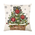 Housse de coussin de Noël avec ornements rouges et plantes vertes sur tissu écru - Motif Arbre De Noël Panier Tissé (JYM536-1)