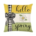 Daisy print cushion cover with Hello Spring text and cotton linen texture on white background - Hello Spring Style (JYM563-2)