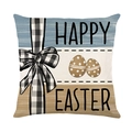 Quadratischer Oster-Kissenbezug mit Happy Easter Text und Deko-Eiern auf blauem Hintergrund - Happy Easter Karierte Schleife Stil (JYM570-2)