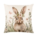 Easter watercolor bunny throw pillow cover with floral wreath on textured polyester fabric - Rabbit with Wreath Style (JYM578-1)