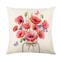 Funda de cojín con amapolas rojas en acuarela y mariposa sobre lino beige - Estilo Ramo de Amapolas en Botella de Vidrio (JYM574-4)