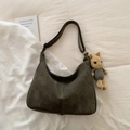 Dark olive green vintage large hobo tote bag with a cute plush bunny pendant accessory - Green with Charm