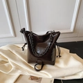 Dark brown glossy leather bucket bag with chain strap and drawstring closure - Coffee / No Pendant