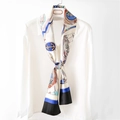 French style anchor chain printed long silk scarf tied on a white shirt collar - Blue
