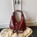 Deep red glossy faux leather tote bag with soft crescent shape and double handles - No Pendant / Burgundy