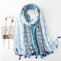 Bufanda bohemia azul y blanca con borlas y estampados florales geométricos - Patchwork Geométrico Floral Azul Claro (SL2005-010) / 180*90CM