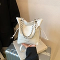 White glossy leather bucket bag with chain strap and drawstring closure for women - White / No Pendant