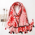 Floral print cotton scarf with black and red tassels and polka dot pattern for women - Red
