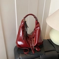 Retro dark red patent leather hobo bag with braided charm and large capacity design - With Pendant / Burgundy