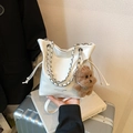 White PU leather bucket bag with silver chain strap and brown puppy plush charm - White / With Pendant