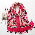 Bohemian style cotton linen scarf with colorful geometric patterns and decorative tassels - Rose Red
