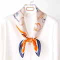 Retro silk scarf with equestrian chain print worn on a white shirt collar - 70x70cm / Blue (SC-022)