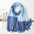 Blue geometric print sun protection shawl scarf with tassels for summer and spring - Blue (SL2006-010 Blue)