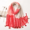 Detail of a lightweight red and beige geometric scarf with multi-colored fringes decoration - Red (SL2006-010 Red)