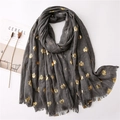 Detail of dark grey scarf featuring gold foil elephant prints and delicate fringed edges - Gold Foil Elephant Heather Grey