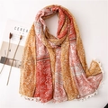 Bohemian floral cotton linen scarf with orange geometric patterns and white lace trim - 180x90cm / Paisley Lace Sequin Style (SL2004-011)