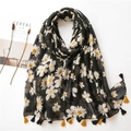 Sciarpa in cotone e lino nero con stampa a margherite e nappe gialle da donna - 180*90 / Nero