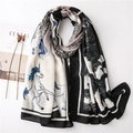 Elegant unicorn and ink landscape print cotton linen scarf shawl for women in winter - Beige Black (SL2004-068)
