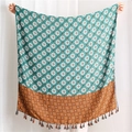 Long cotton scarf for women featuring lotus print patterns and fringe edge details - 180x90cm / Green