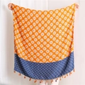 Cotton linen scarf with orange blue floral print and fringe edges for women - 180x90cm / Orange