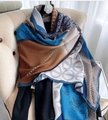 Knit scarf with geometric and floral patterns in royal blue, grey, and caramel shades - Blue Brown Geometric Hounds-tooth (Figure 3)