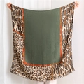 Large dark green scarf with leopard print border and buckle detail with fringes - Green