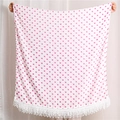 Close-up of lightweight white shawl with pink polka dots and elegant lace fringe trim - White Base Pink Polka Dot White Lace Tassel Style (SL1909-013) / Large Long