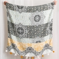 Detailed view of bohemian mandala scarf with light green patterns and fringed tassels - 180x85 / Sage Green Floral(SL1909-009)