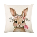 Easter bunny pillow case with floral wreath and tulip on beige linen fabric background - Rabbit With Flower Wreath Style (JYM581-1) / 45x45cm