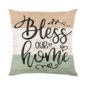 Three-tone patchwork pillow cover with 'Bless OUR home' text and botanical accents - Bless Our Home Lettering (JYM577-3)