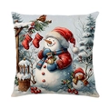 Weihnachtskissenbezug mit Schneemann-Illustration und rotem Vogel auf Leinentextur - Schneemann Und Rote Socken (JYM518-2)