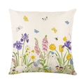Housse de coussin carrée imprimée lapin de Pâques et fleurs printanières sur fond blanc - Style Lapin et Fleurs de Printemps (JYM584-1)