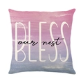 Quadratischer Blumen-Kissenbezug mit lila Farbverlauf und „BLESS our nest“ Kunstdruck - BLESS Kunstschrift Farbverlauf Stil (JYM583-3)