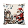 Christmas pillow cover featuring realistic Santa Claus illustration on linen fabric - Santa With Birdhouse (JYM518-7)