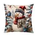 Christmas snowman cushion cover with knit hat and red berries on linen texture - Snowman With Blue Bird (JYM518-12)