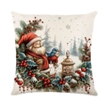 Christmas pillowcase with Santa and birds on linen-textured fabric for holiday decor - Santa With Forest Elements (JYM518-13)