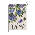 Bandiera da giardino con ortensie e scritta Welcome su un supporto in ferro - Stile Ortensia Viola Farfalla (HYQ060-4)