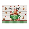 Linen placemat featuring a gingerbread man and green snowflake cup with festive patterns - CD109-3