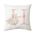 Modern white square pillowcase featuring a floral alphabet letter H in soft pink - Style H