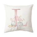 Modern white square pillowcase with pink floral letter L and golden glitter accents - Style L