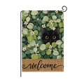 Drapeau de jardin avec chat noir et feuillage vert avec message de bienvenue et support - Style Chat Noir Verdure (HYQ062-2)